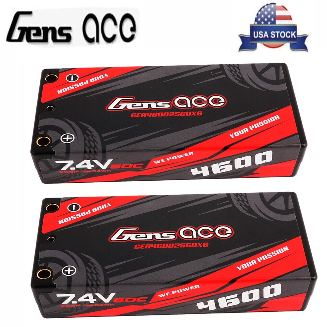 2x Gens Ace 4600mAh 7.4V 60C 2S Lipo Battery HardCase Shorty For RC Car Truck US