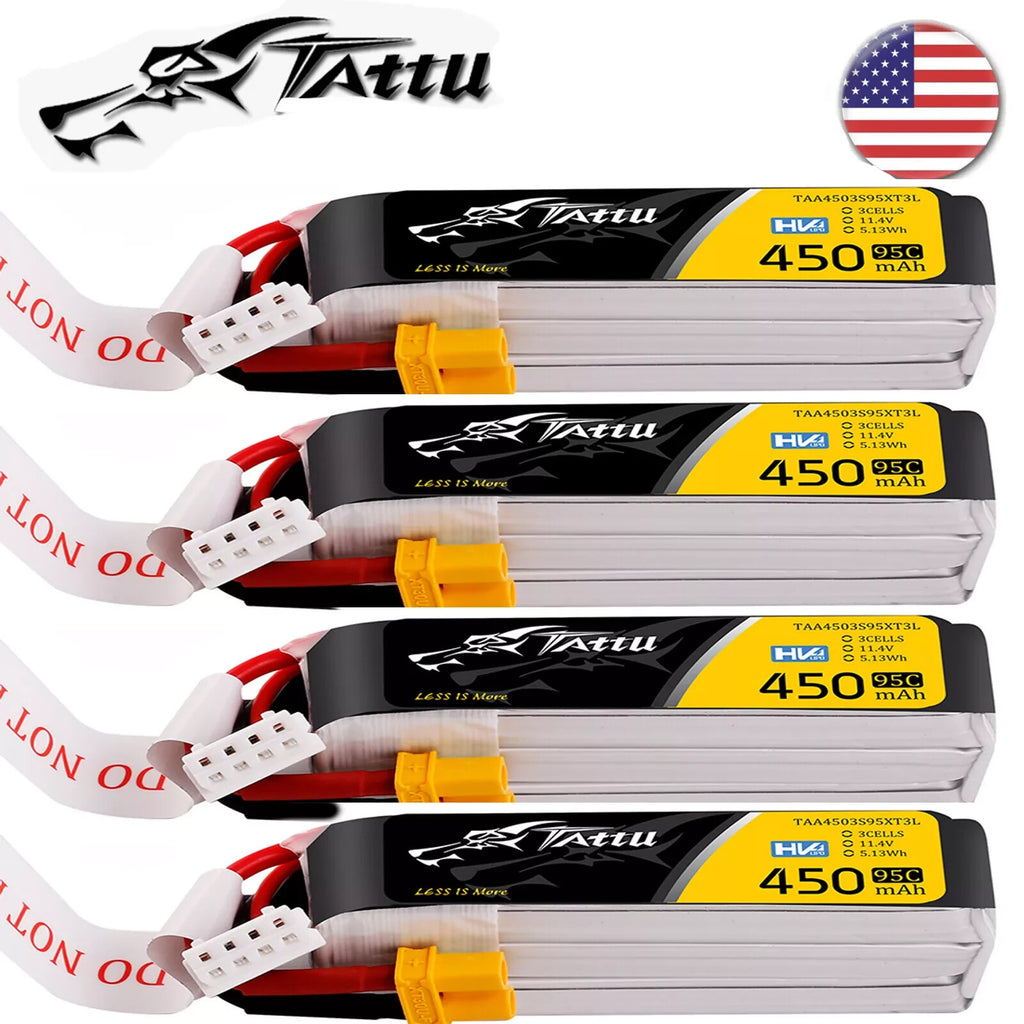 4x Tattu 450mAh 3s 95C 11.4V Lipo Drone Battery Pack With XT30 Plug - Long Pack