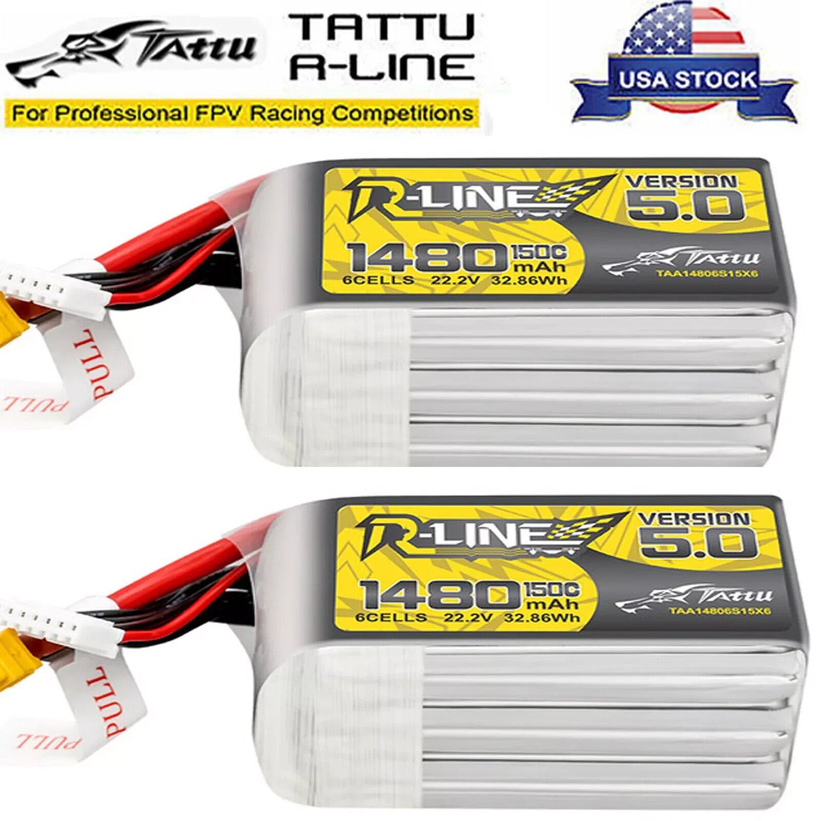 2x Tattu R-Line Version 5.0 1480mAh 6S 150C 22.2V Lipo Battery Pack w/ XT60 Plug