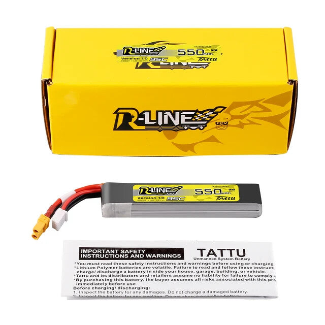4x Tattu 550mAh 2S 7.4V R-Line Lipo RC Drone Battery Long Pack with XT30 Plug