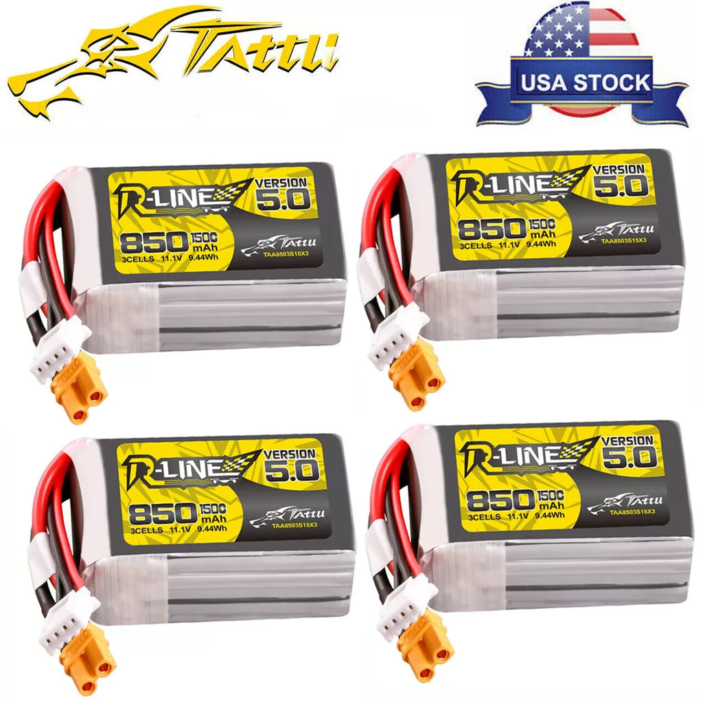 4x Tattu R-Line Version 5.0 850mAh 3S 11.1V 150C Lipo Battery Pack With XT30