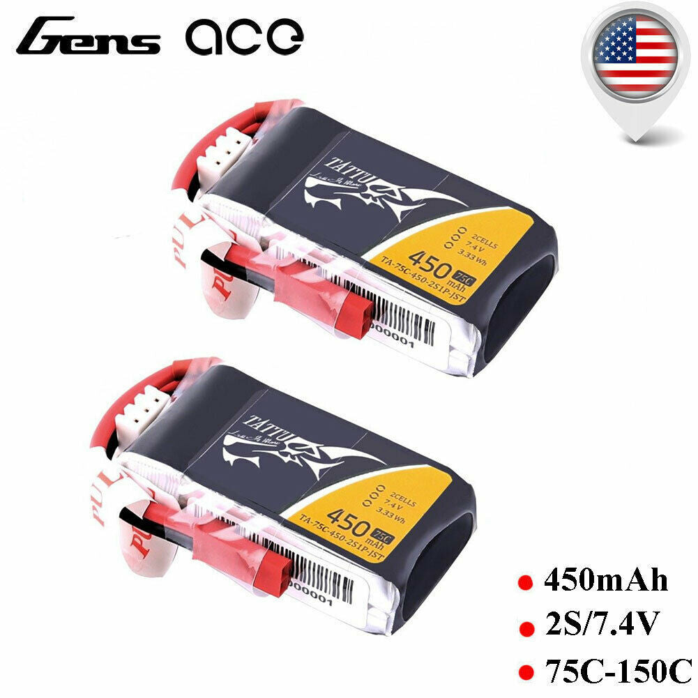 2x Tattu 7.4V 75C 2S 450mAh Lipo RC Remote Control Battery Pack With JST Plug