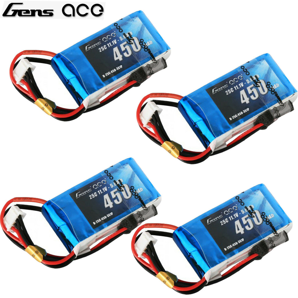 4x Gens Ace 450mAh 11.1V 25C 3S Lipo RC Airplane Battery Pack With JST Plug