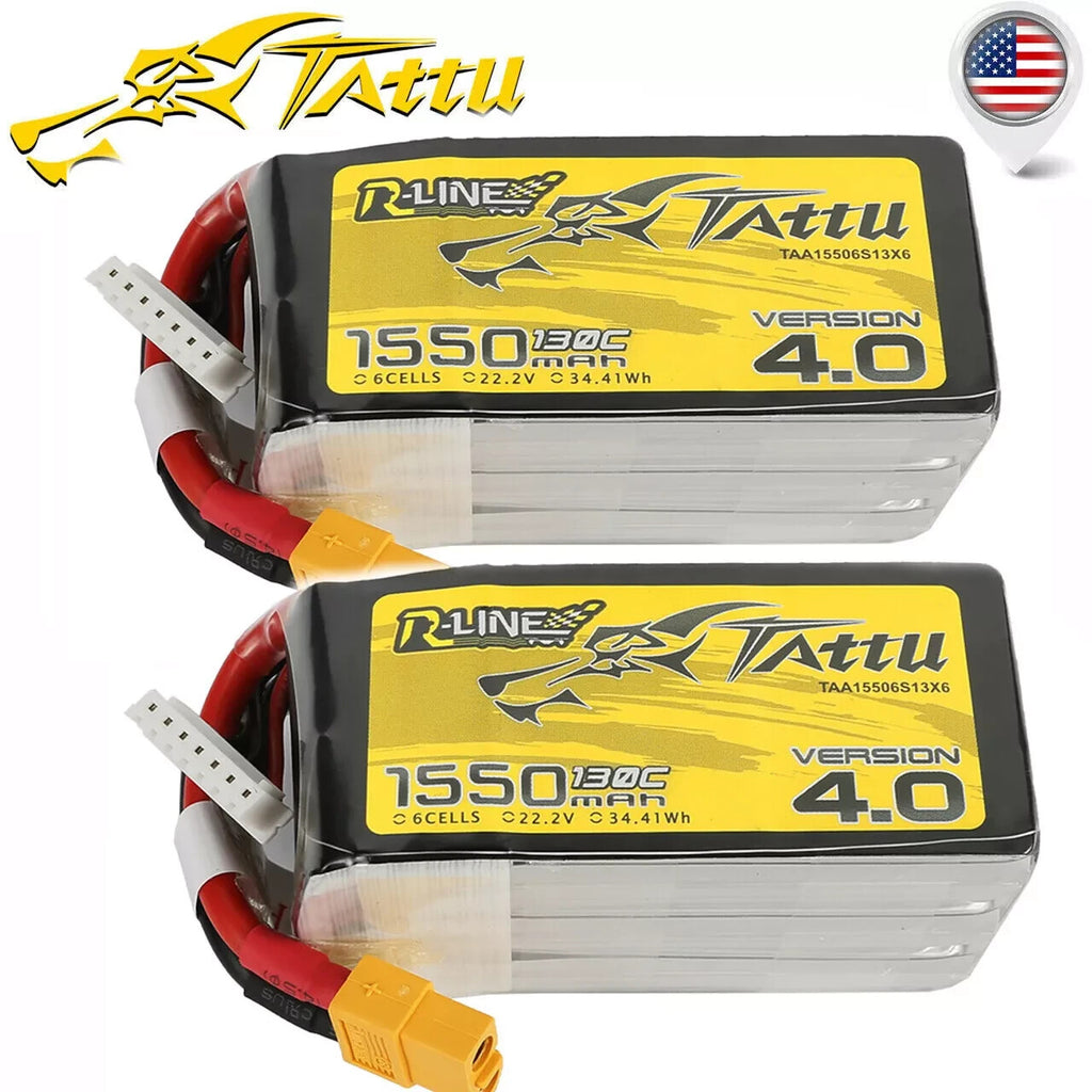 2x Tattu R-Line Version 4.0 1550mAh 22.2V 130C 6S Lipo Battery Pack W/ XT60 Plug