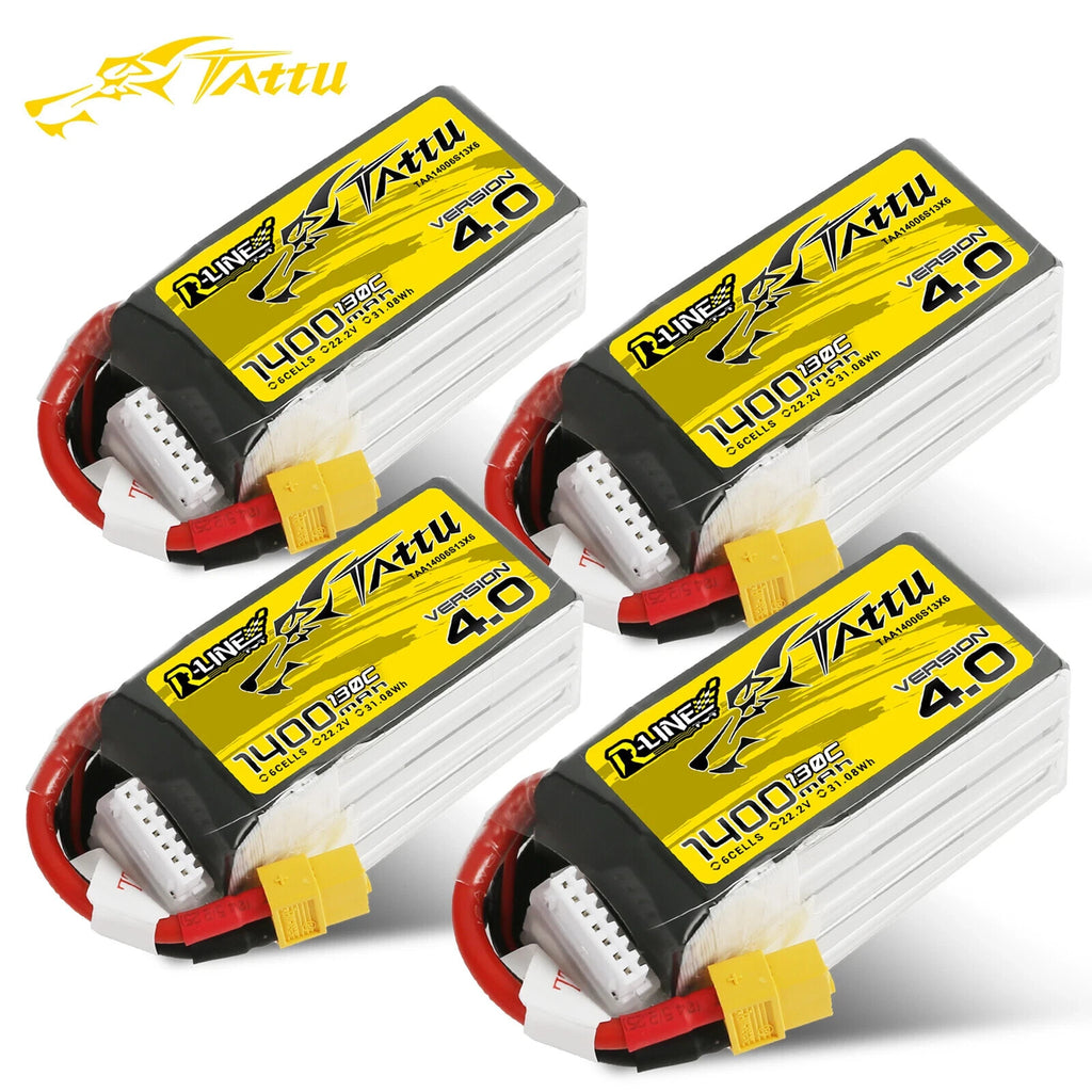 4x Tattu R-Line Version 4.0 22.2v 6s 1400 130c Lipo Battery XT60