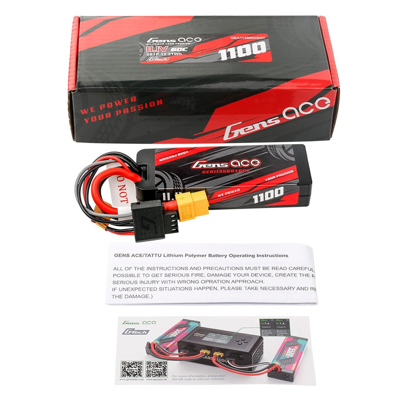 Gens Ace 1100mAh 3S 60C 11.1V HardCase Gtech Lipo Battery Pack with XT60 Plug