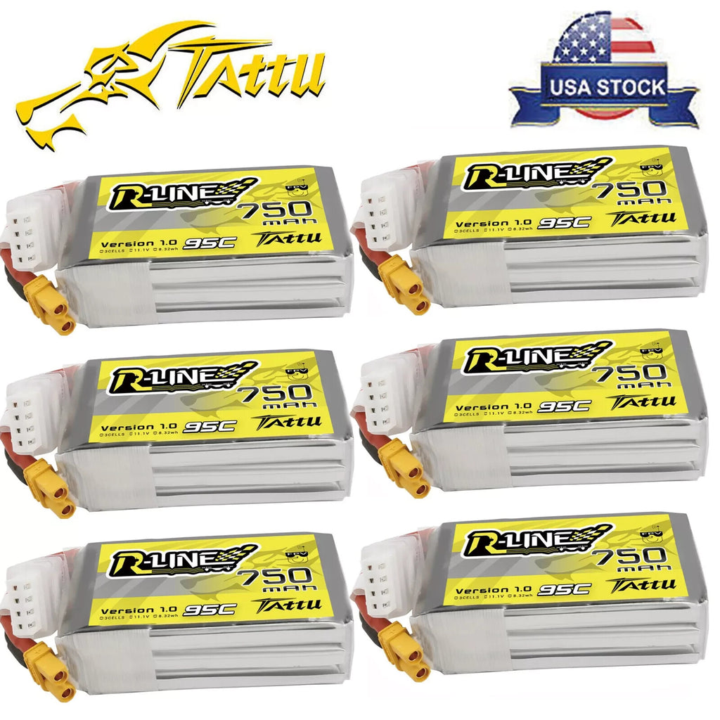 6x Tattu R-Line 11.1v 3s 750mah 95c Racing Quad Drone Lipo Battery XT30