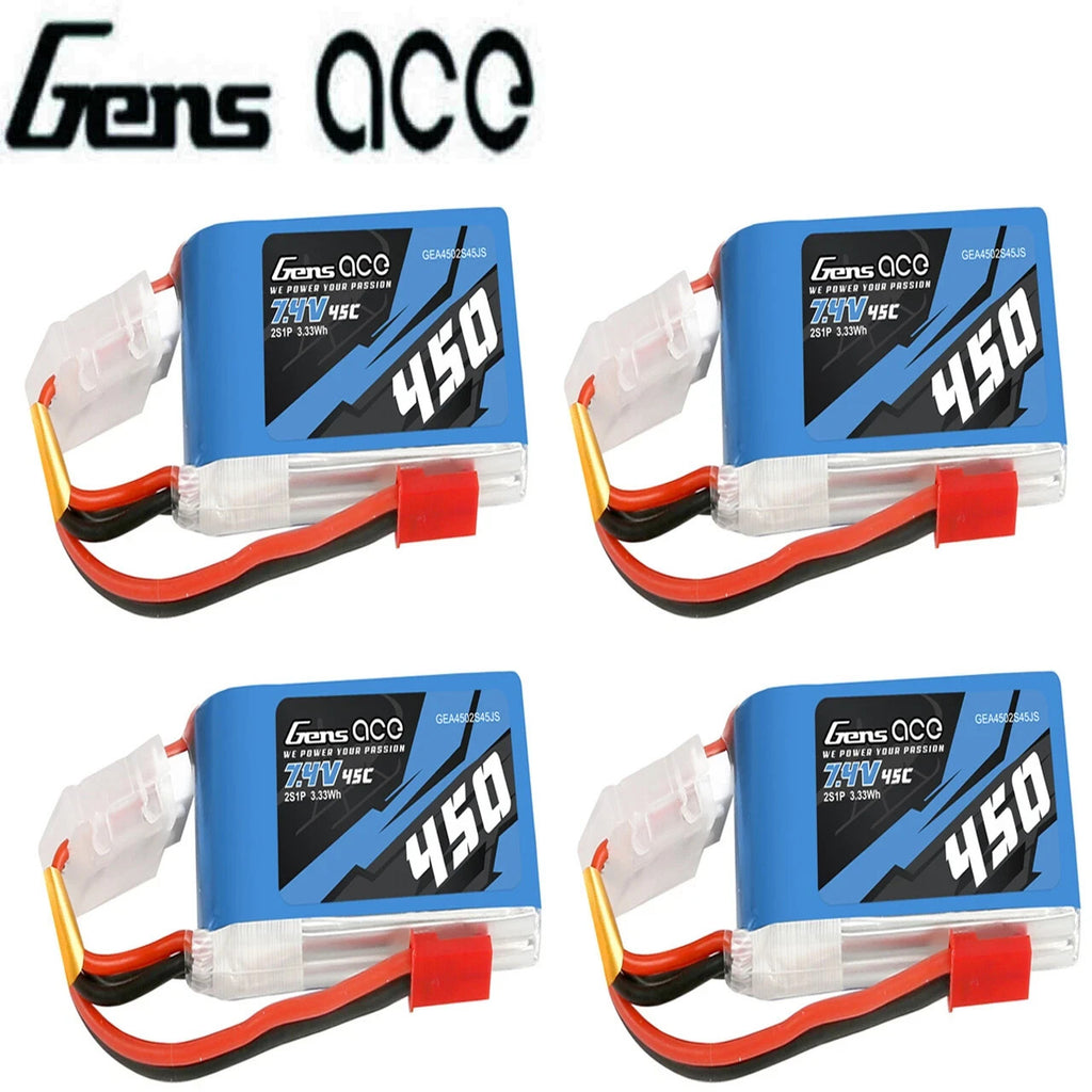 4x Gens Ace 450mAh 2S 45C 7.4V Lipo RC Remote Control Airplane Battery JST Plug