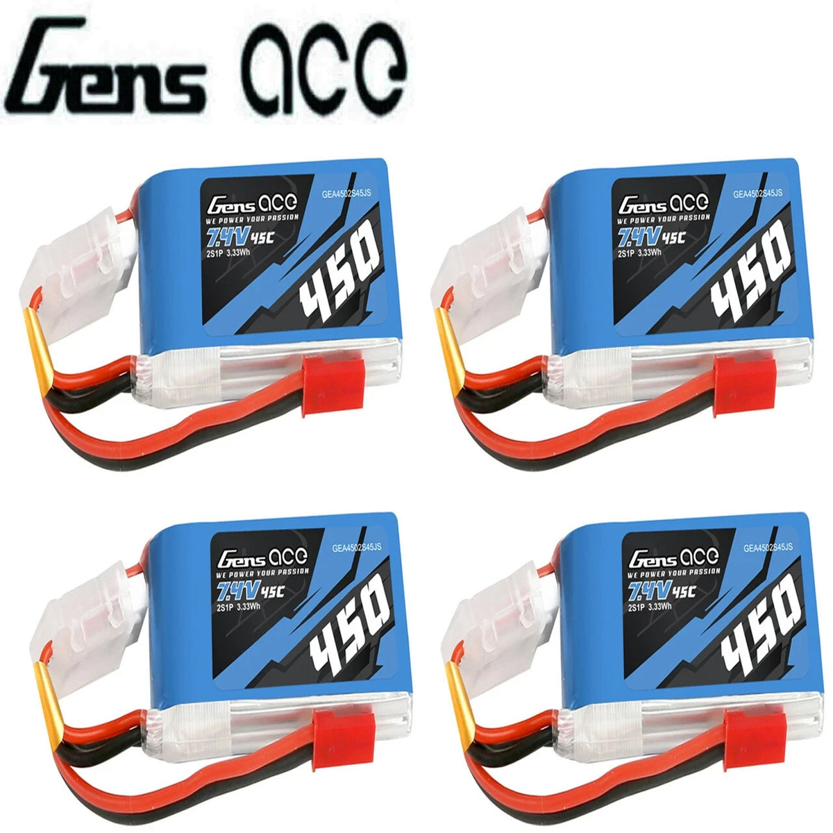 4x Gens Ace 450mAh 2S 45C 7.4V Lipo RC Remote Control Airplane Battery JST Plug