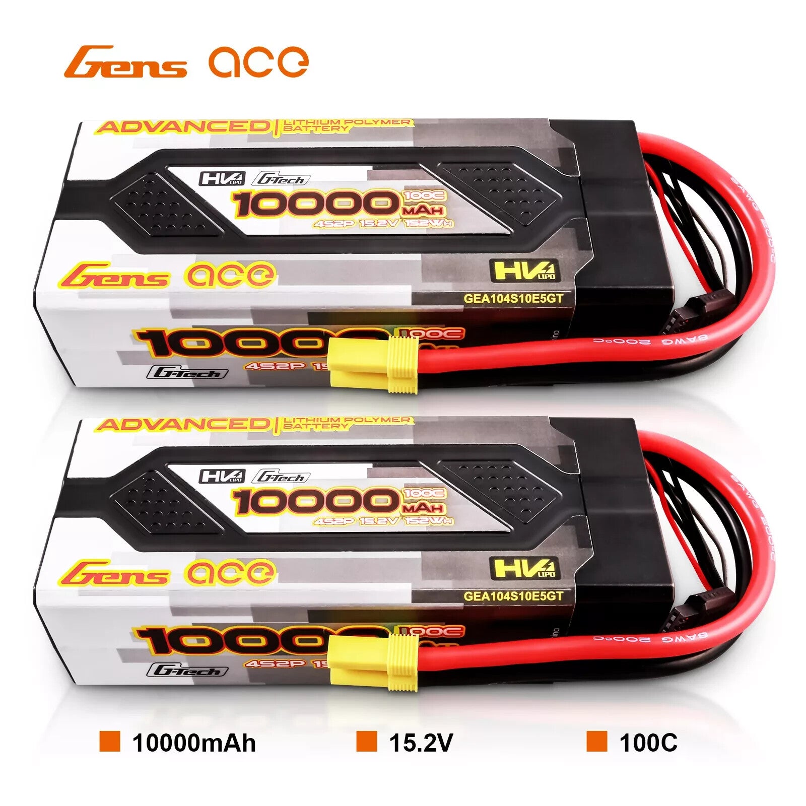 2x Gens Ace Advanced 10000mAh 15.2V 100C 4S HardCase Lipo Battery Pack EC5 G-Tec