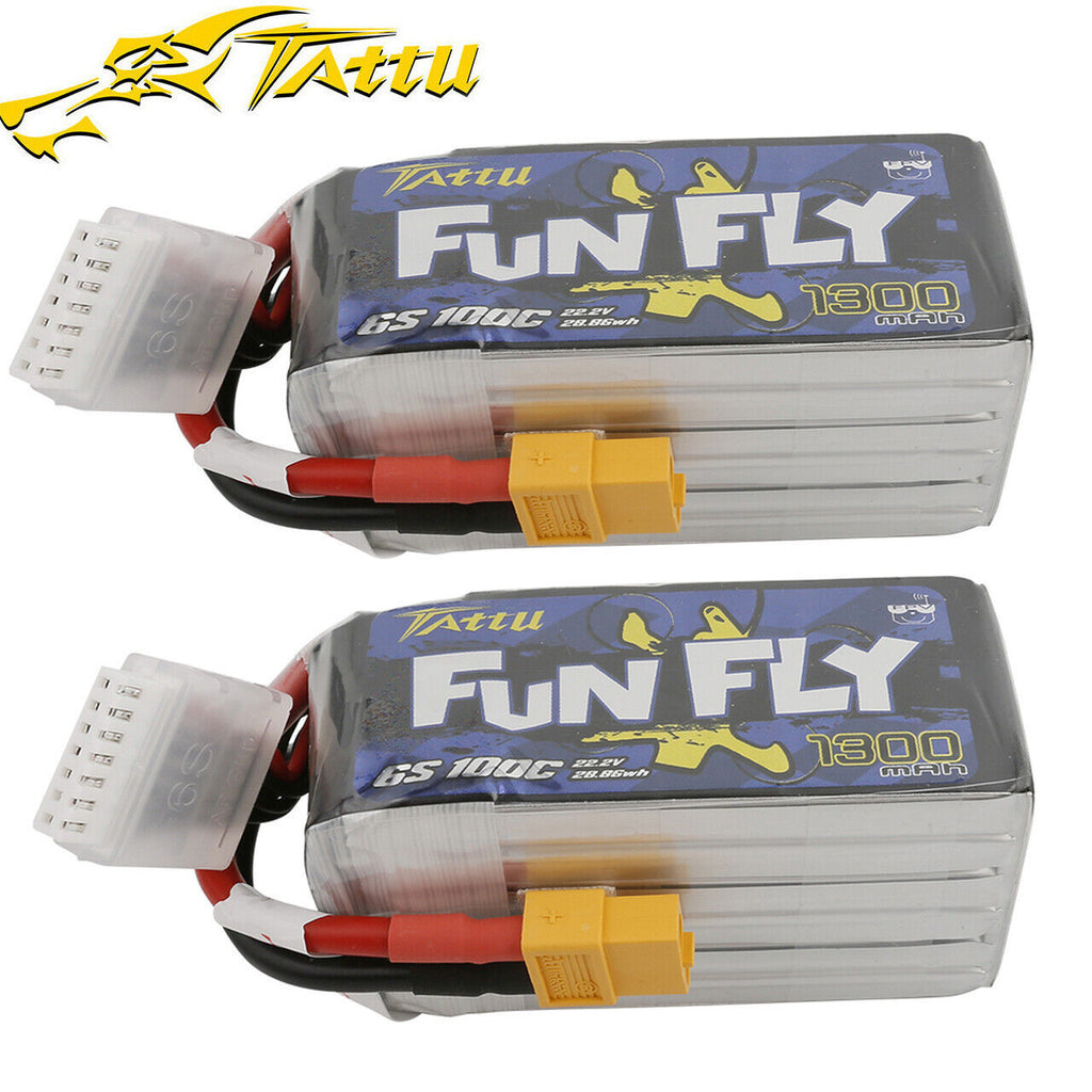 2x Tattu FunFly 1300mAh 100C 22.2V 6S RC Drone Lipo Battery Pack With XT60 Plug 