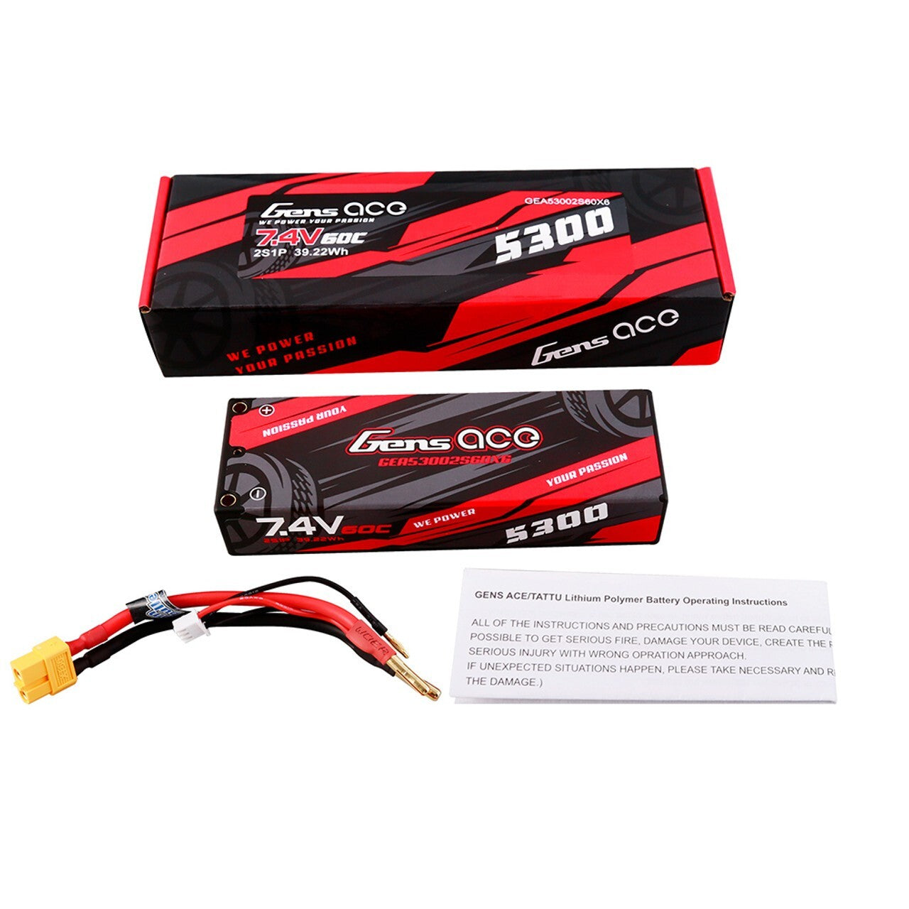 Gens Ace 5300mAh 7.4V 60C 2S HardCase Lipo Battery Pack With XT60 Plug : Slash