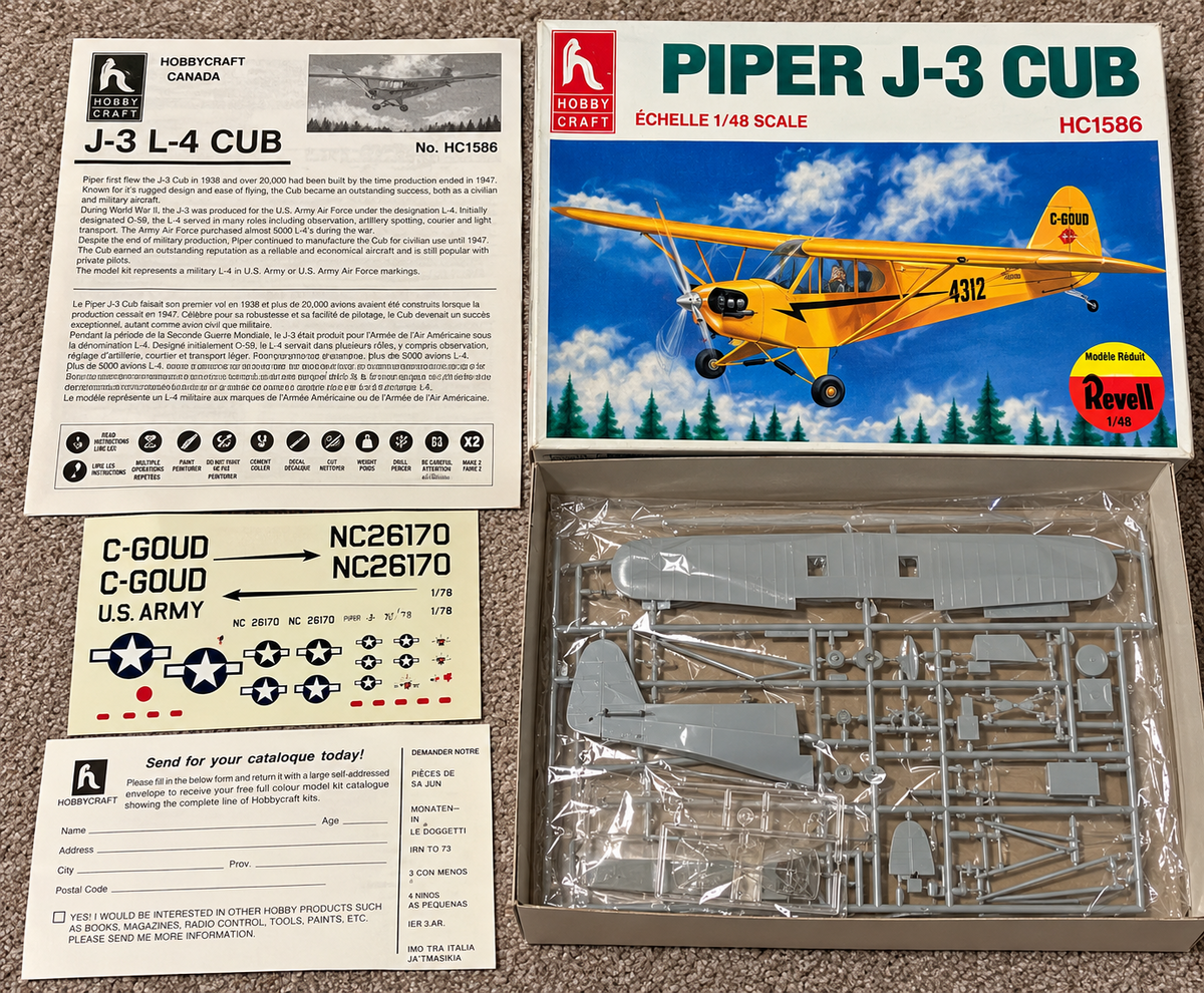 Hobbycraft HC1586 Piper J-3 J3 L-4 Cub 1/48 Plastic Model Airplane Kit Vintage