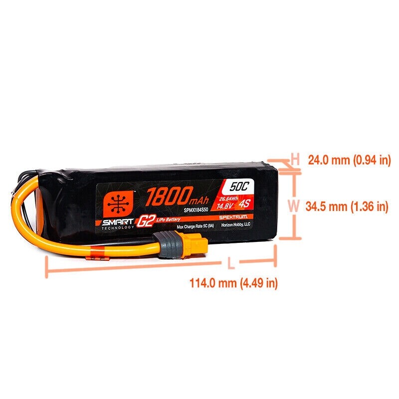Spektrum 14.8V 1800mAh 4S 50C Smart G2 LiPo Battery IC3 Connector SPMX184S50
