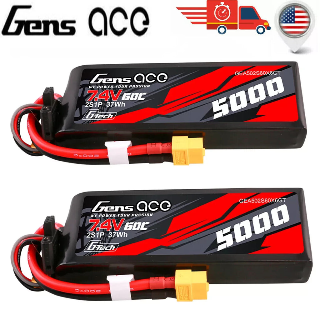 2x Gens Ace 5000mAh 2S 7.4V 60C Short-Size GTech Lipo Battery Pack w/ XT60 Plug