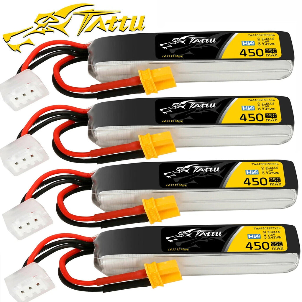 4x Tattu 450mAh 7.6V High Voltage 95C 2S Lipo Battery Pack XT30 Plug Long Pack