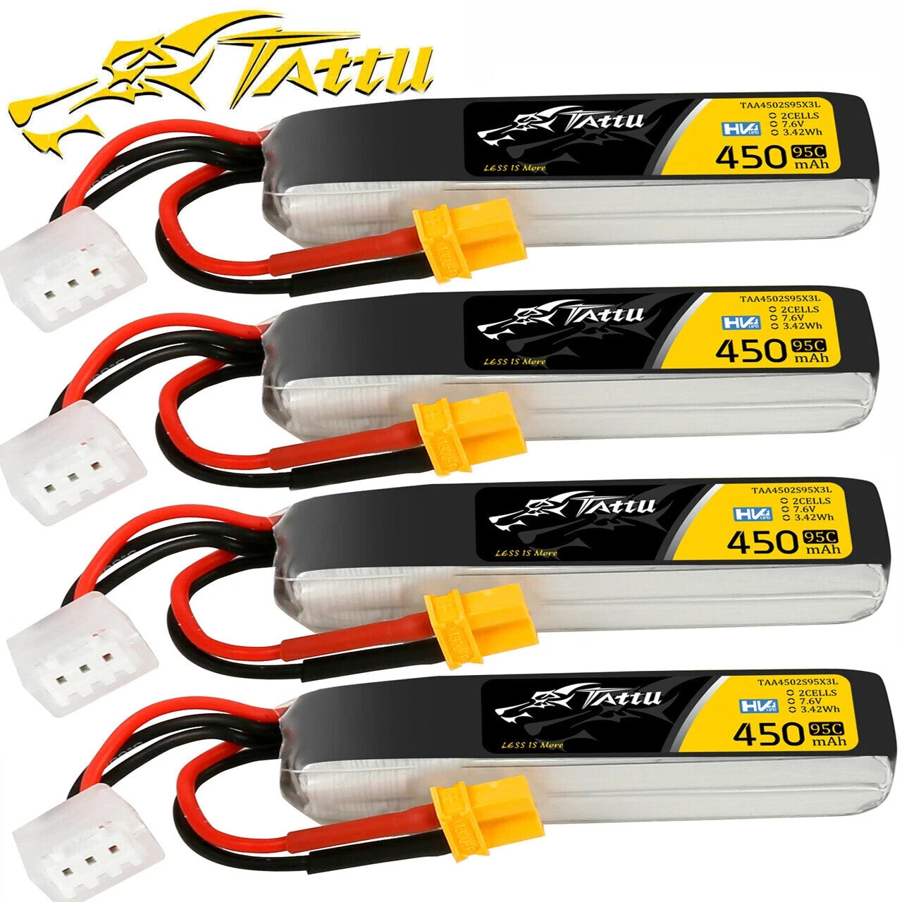 4x Tattu 450mAh 7.6V High Voltage 95C 2S Lipo Battery Pack XT30 Plug Long Pack