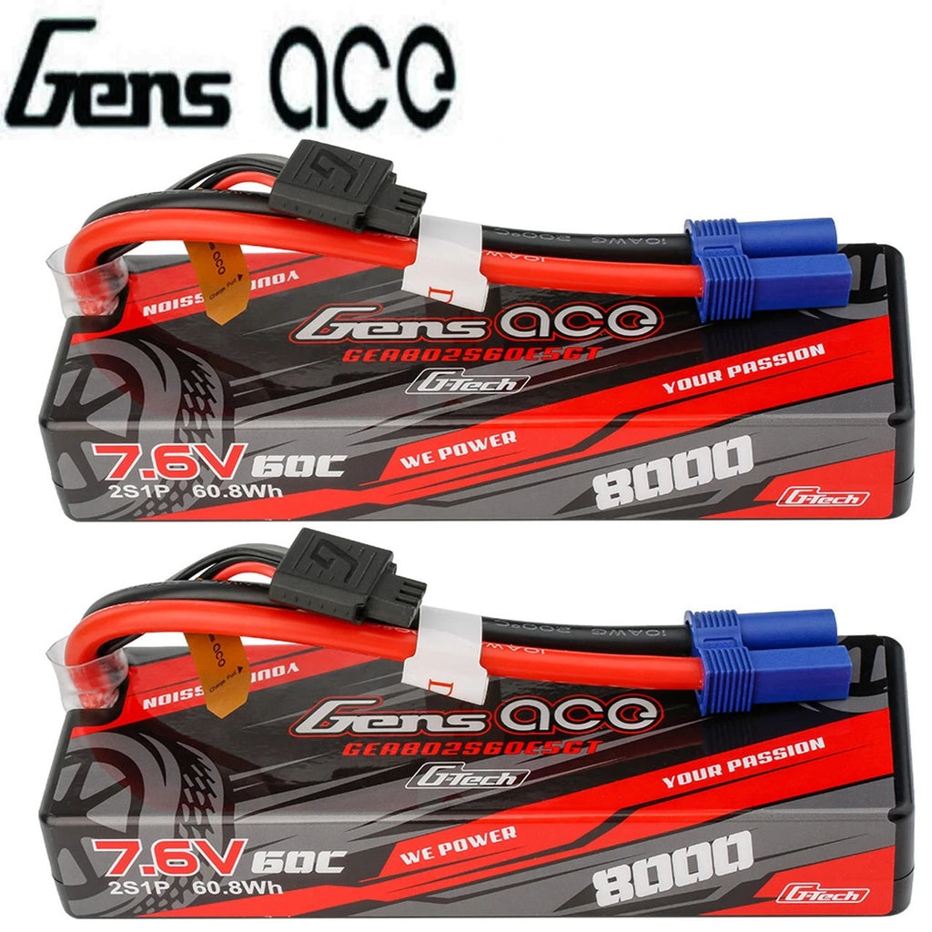 2x Gens ace GTech 8000mAh 7.6V 2S 60C HardCase Lipo Battery Pack with EC5 Plug