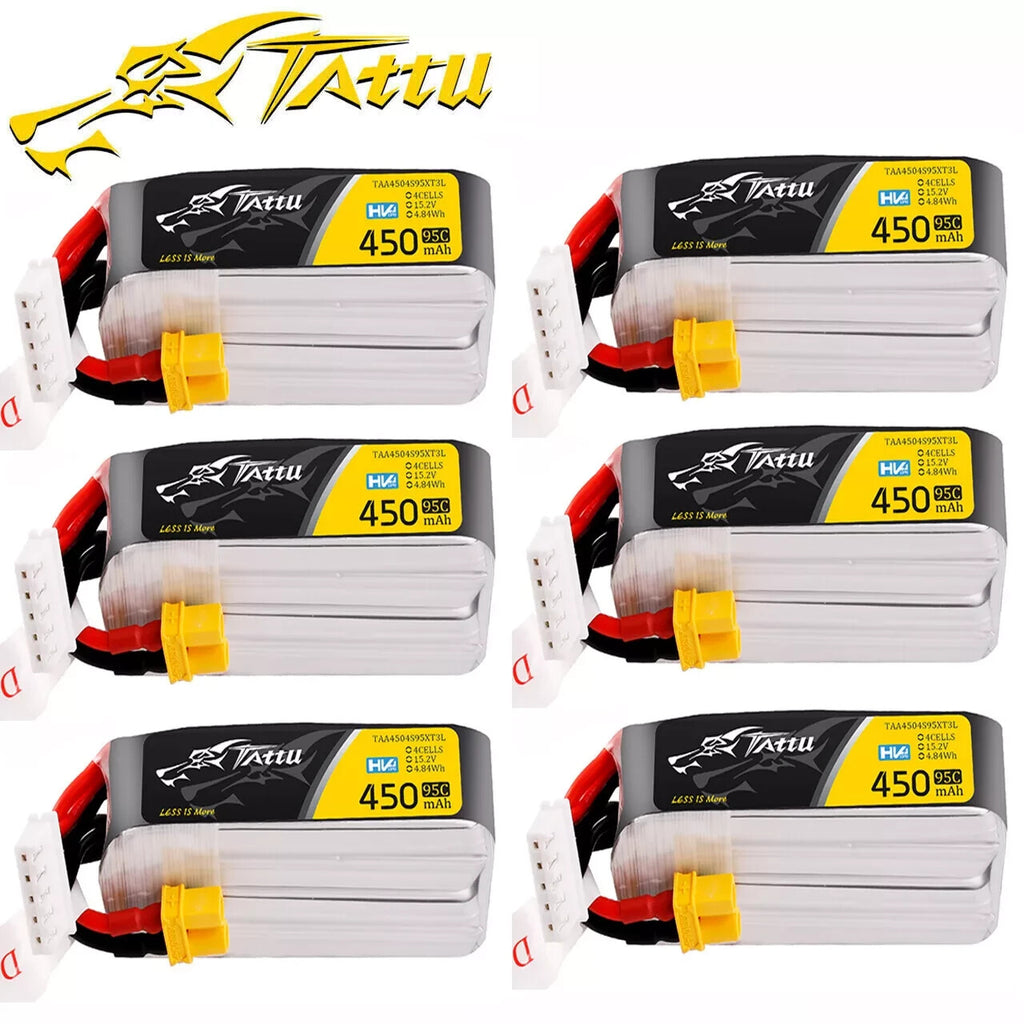 6x Tattu 450mAh 4S 95C 15.2V Lipo RC Drone Battery Pack With XT30 Plug Long Size