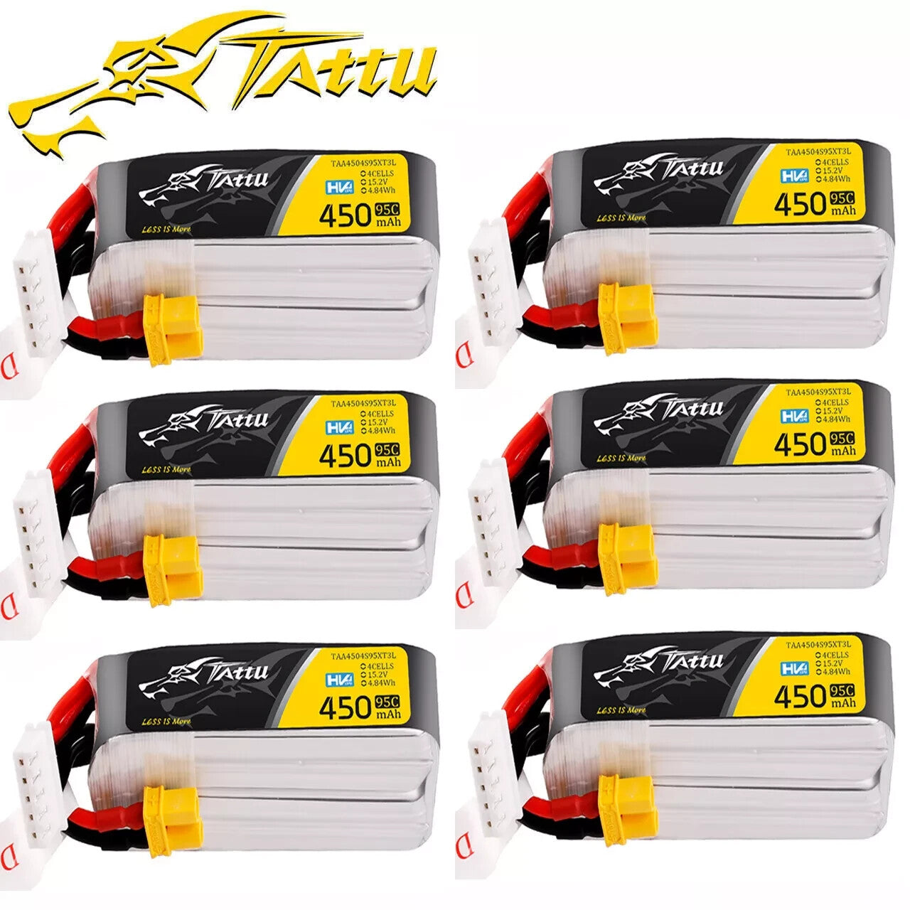 6x Tattu 450mAh 4S 95C 15.2V Lipo RC Drone Battery Pack With XT30 Plug Long Size
