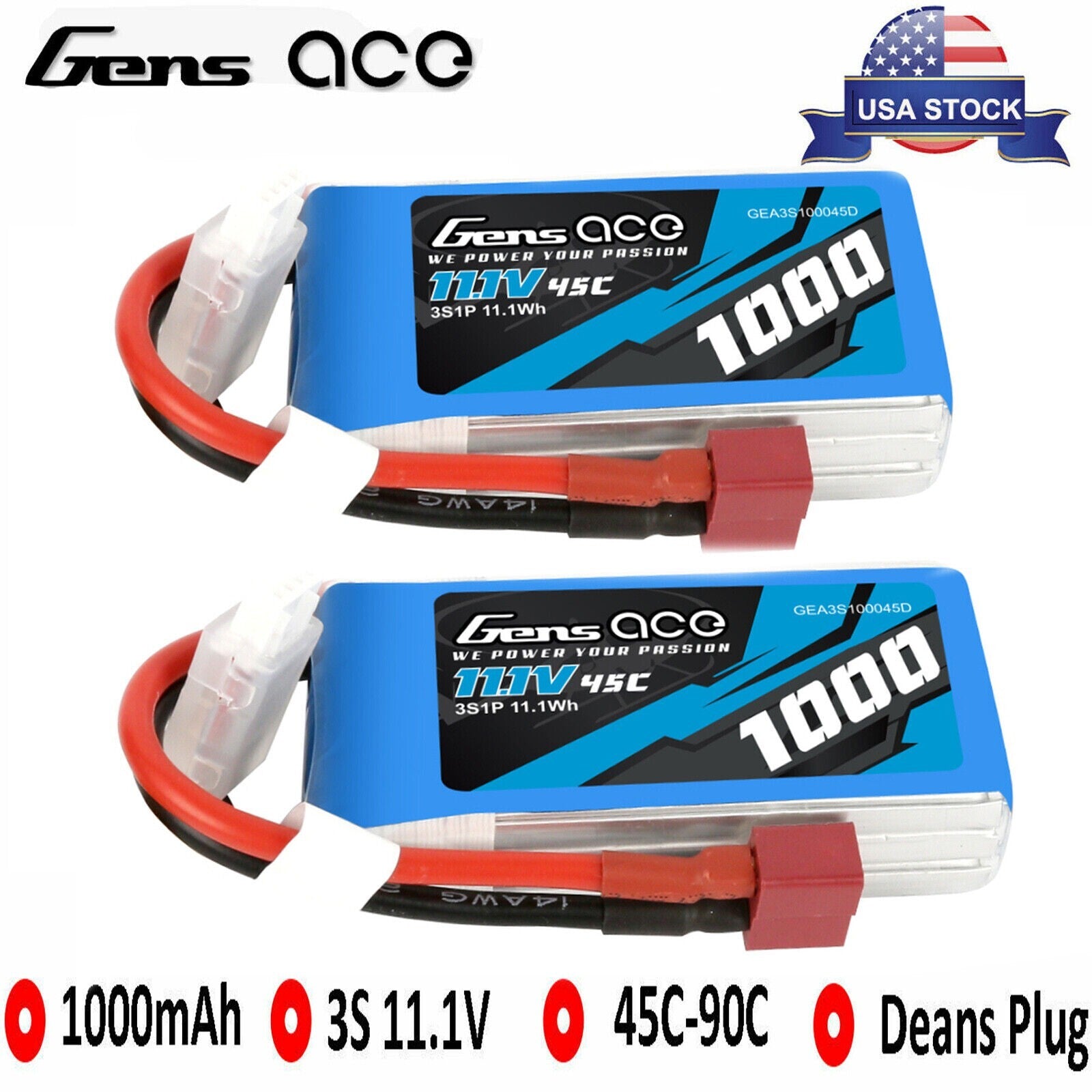 2x Gens Ace 11.1V 3S 1000mAh 45C Lipo RC Remote Control Battery Pack Deans Plug