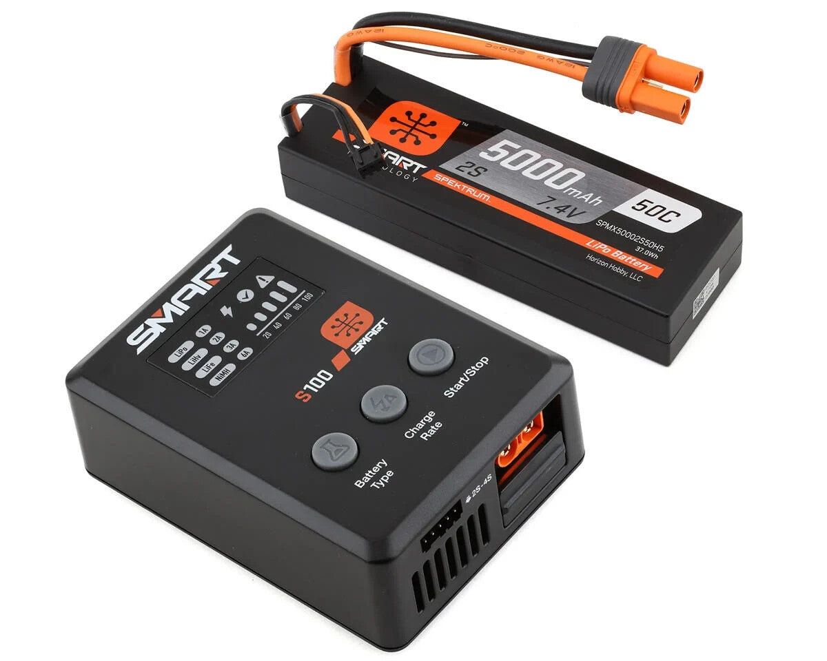 Spektrum RC Bundle 2S Smart 50C LiPo Battery 5000mAh S100 Charger SPMX-1032