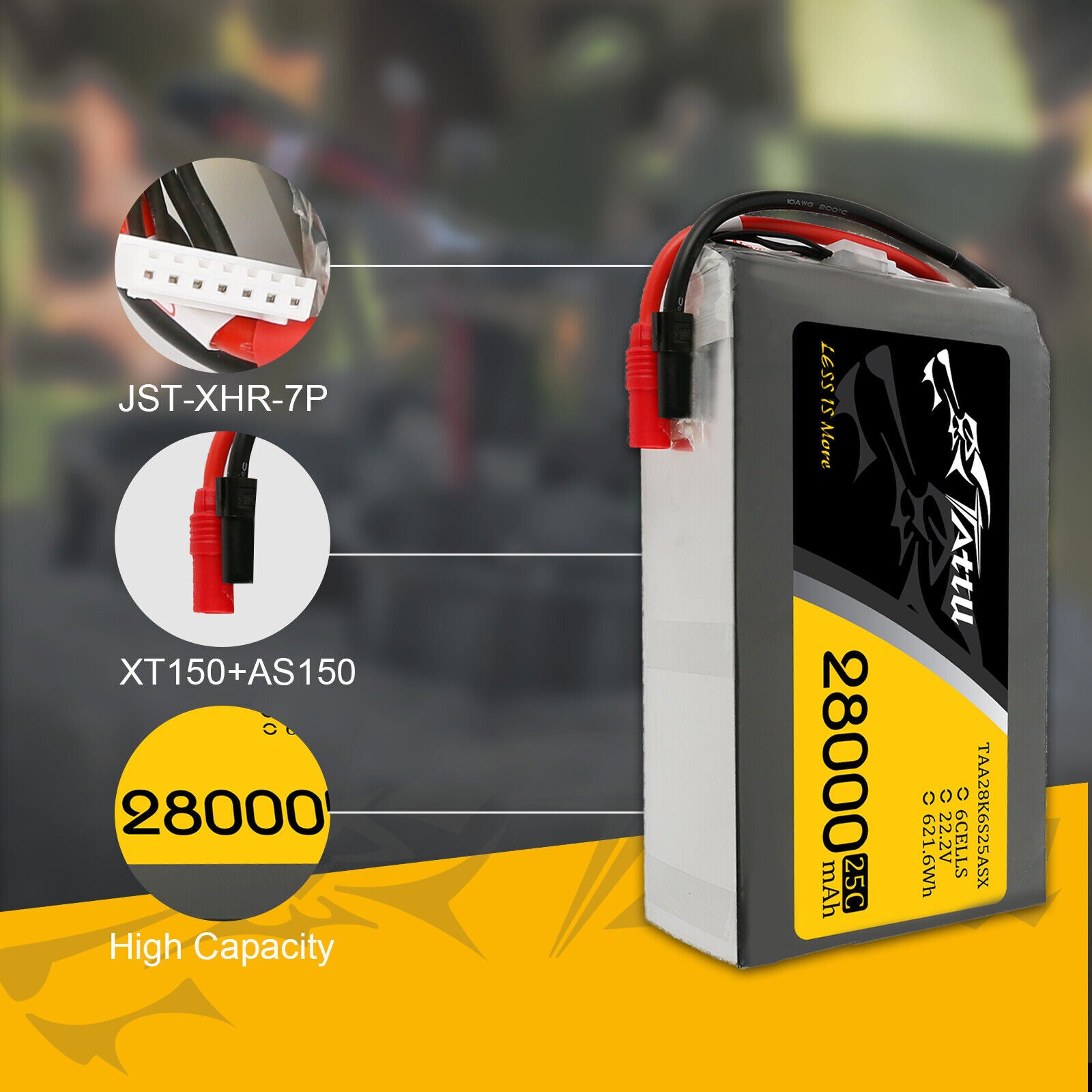Tattu 28000mAh 22.2V 25C 6S Lipo RC Battery Pack With AS150 +XT150 Plug