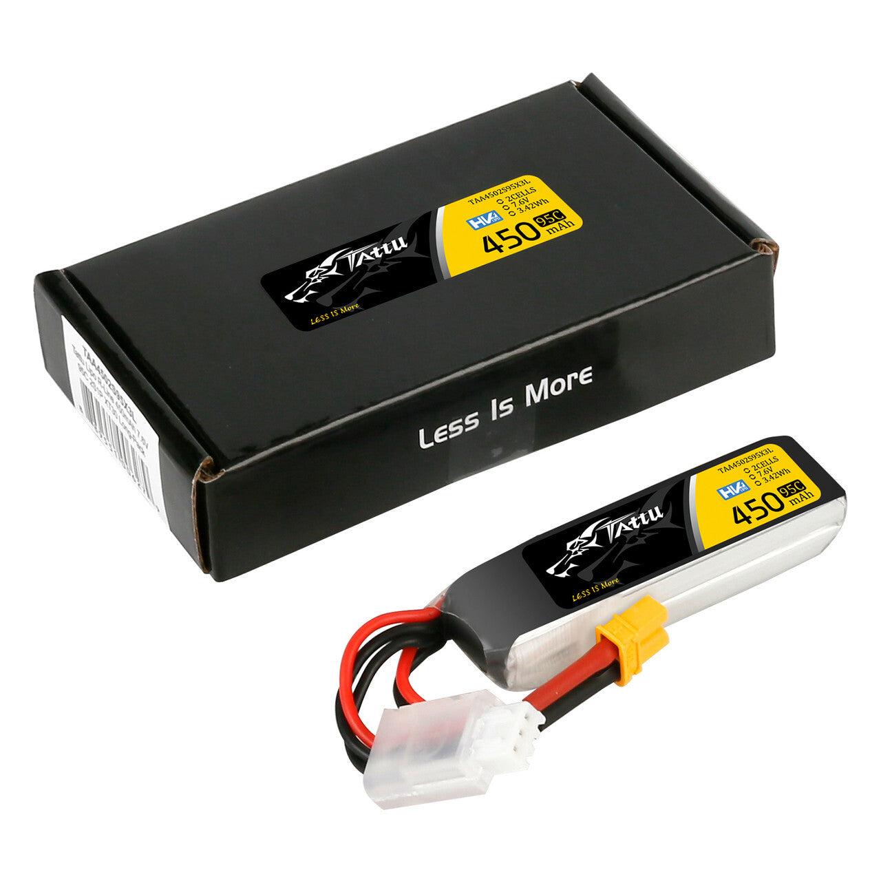 4x Tattu 450mAh 7.6V High Voltage 95C 2S Lipo Battery Pack XT30 Plug Long Pack