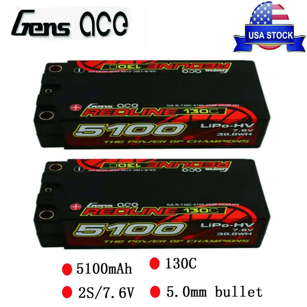 2x Gens Ace Redline Series 5100mAh 7.6V 130C 2S HardCase HV Shorty Lipo Battery