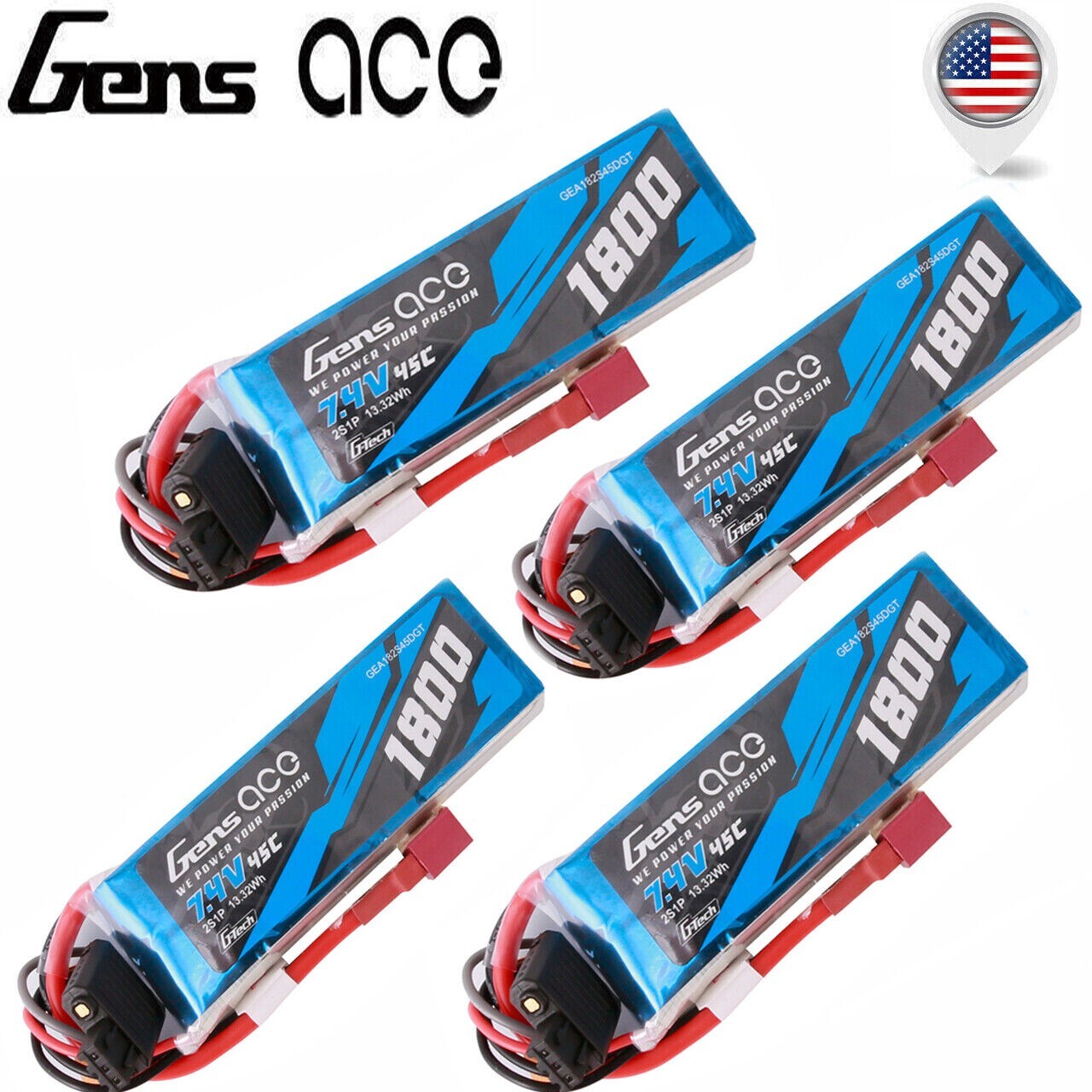4x Gens Ace G-Tech Smart 2S LiPo Battery 45C 7.4V 1800mAh GEA182S45DGT