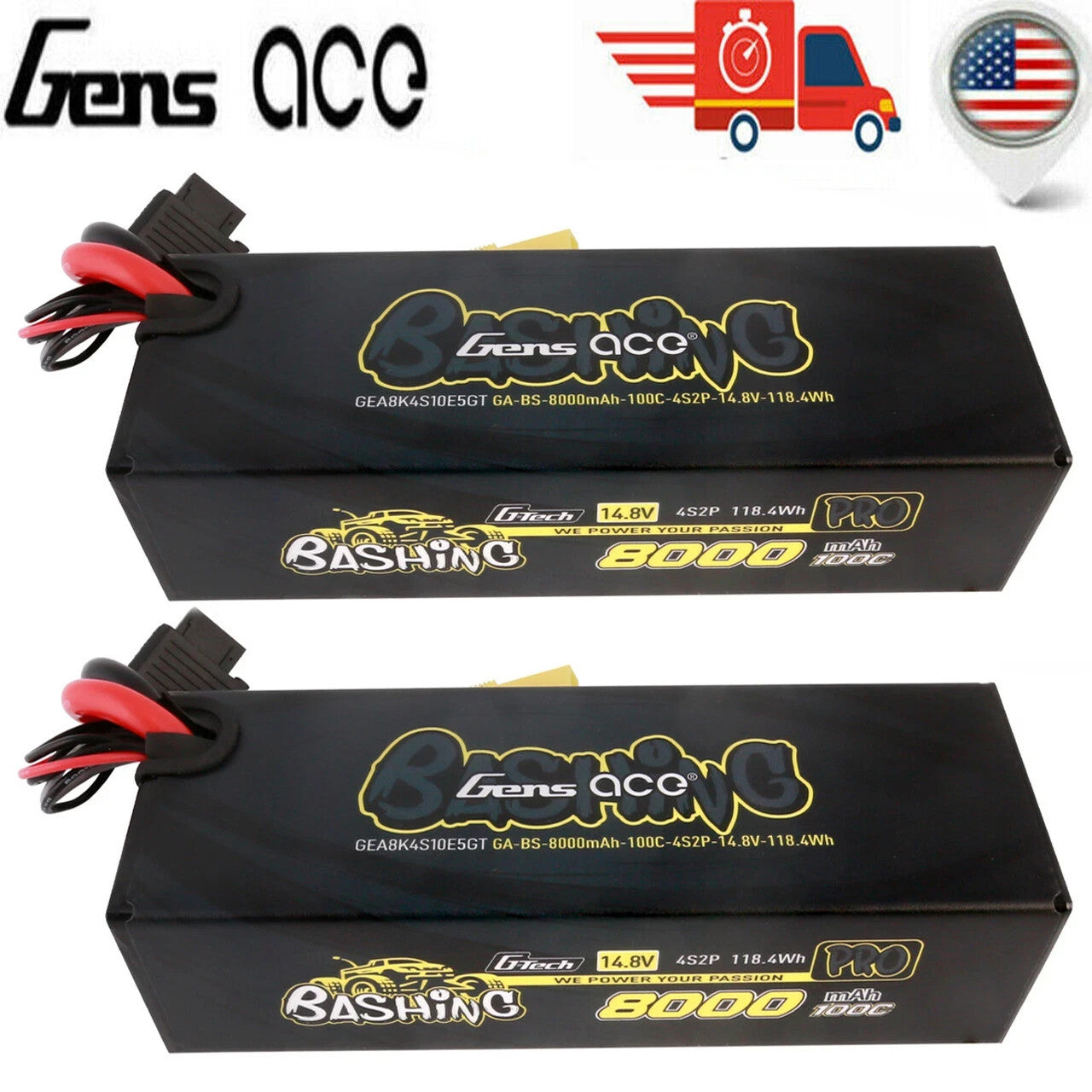 2x Gens Ace 4S 8000mah 100C 14.8v Bashing Pro G-tech Lipo Battery Pack EC5 Plug