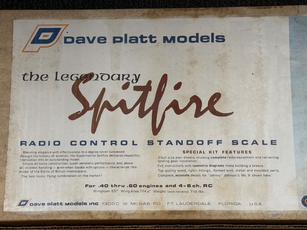 New Dave Platt Models RC Remote Control .60 60 Size Spitfire Balsa Wood Kit