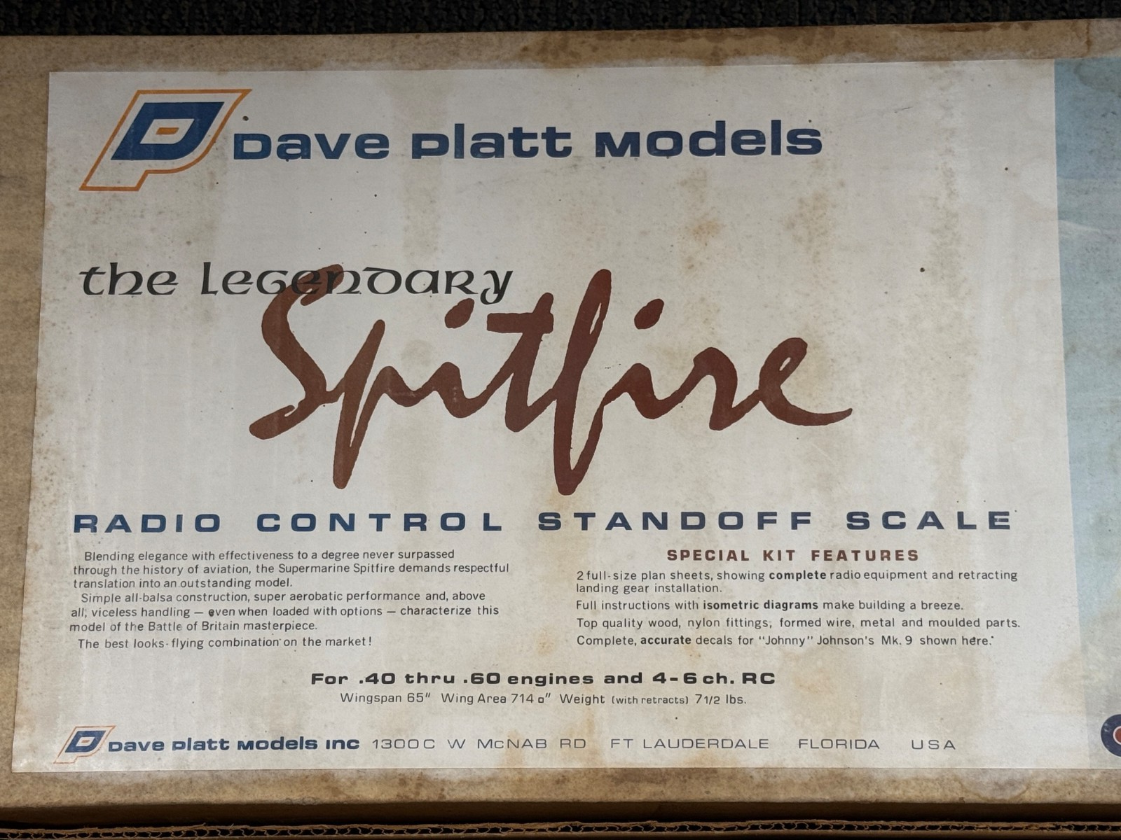 New Dave Platt Models RC Remote Control .60 60 Size Spitfire Balsa Wood Kit