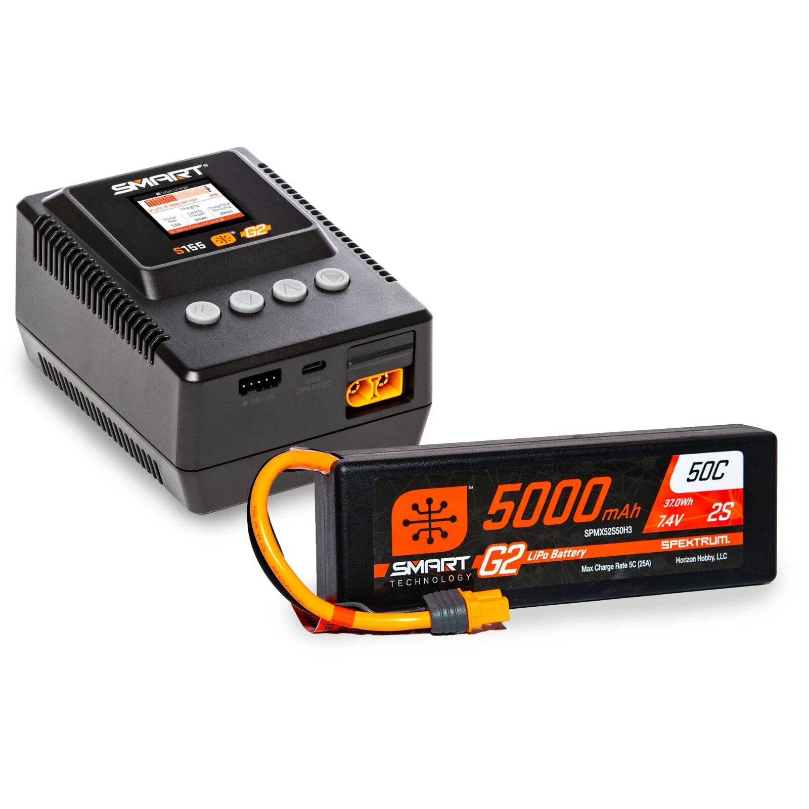 Spektrum Smart 2S G2 LiPo RC Remote Control Car Battery & S155 Charger Bundle