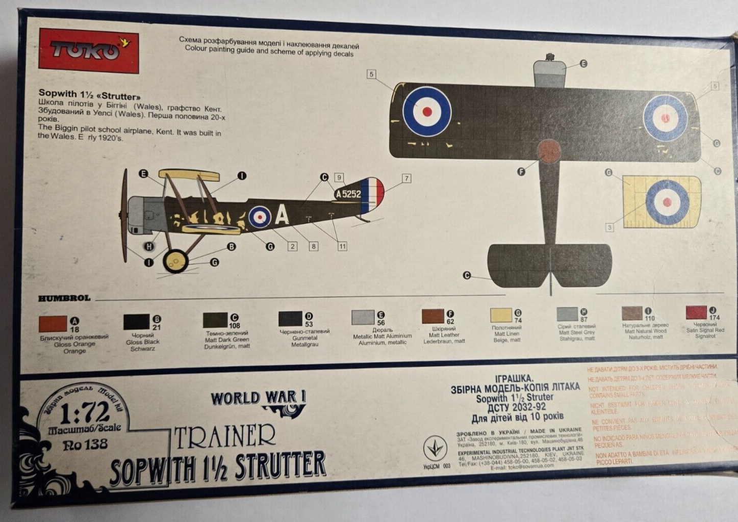 Toko Sopwith 1 1/2 Strutter Trainer WWI 1/72 Scale 138 Plastic Model Kit