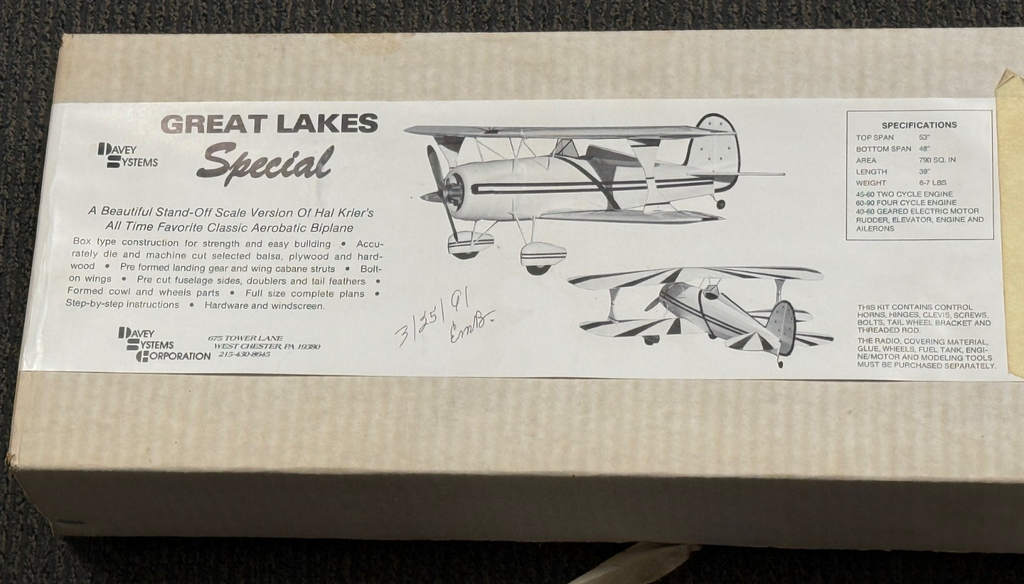 Davey Systems Great Lakes Special Balsa Wood RC Remote Control Airplane Kit
