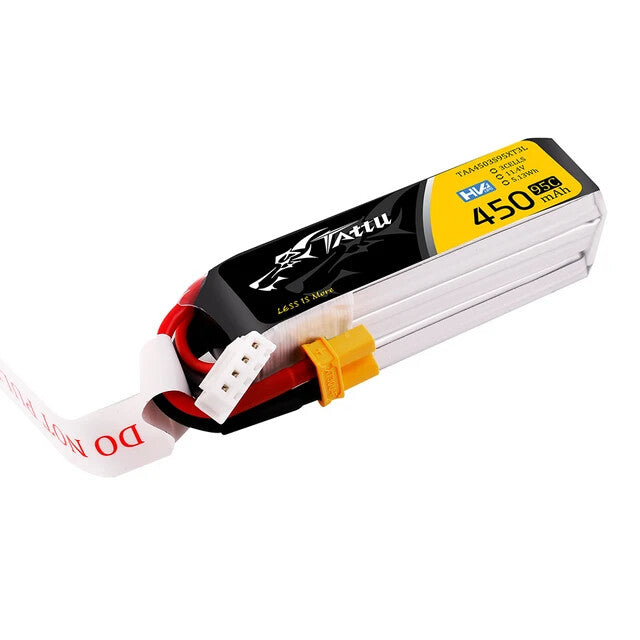 4x Tattu 450mAh 3s 95C 11.4V Lipo Drone Battery Pack With XT30 Plug - Long Pack