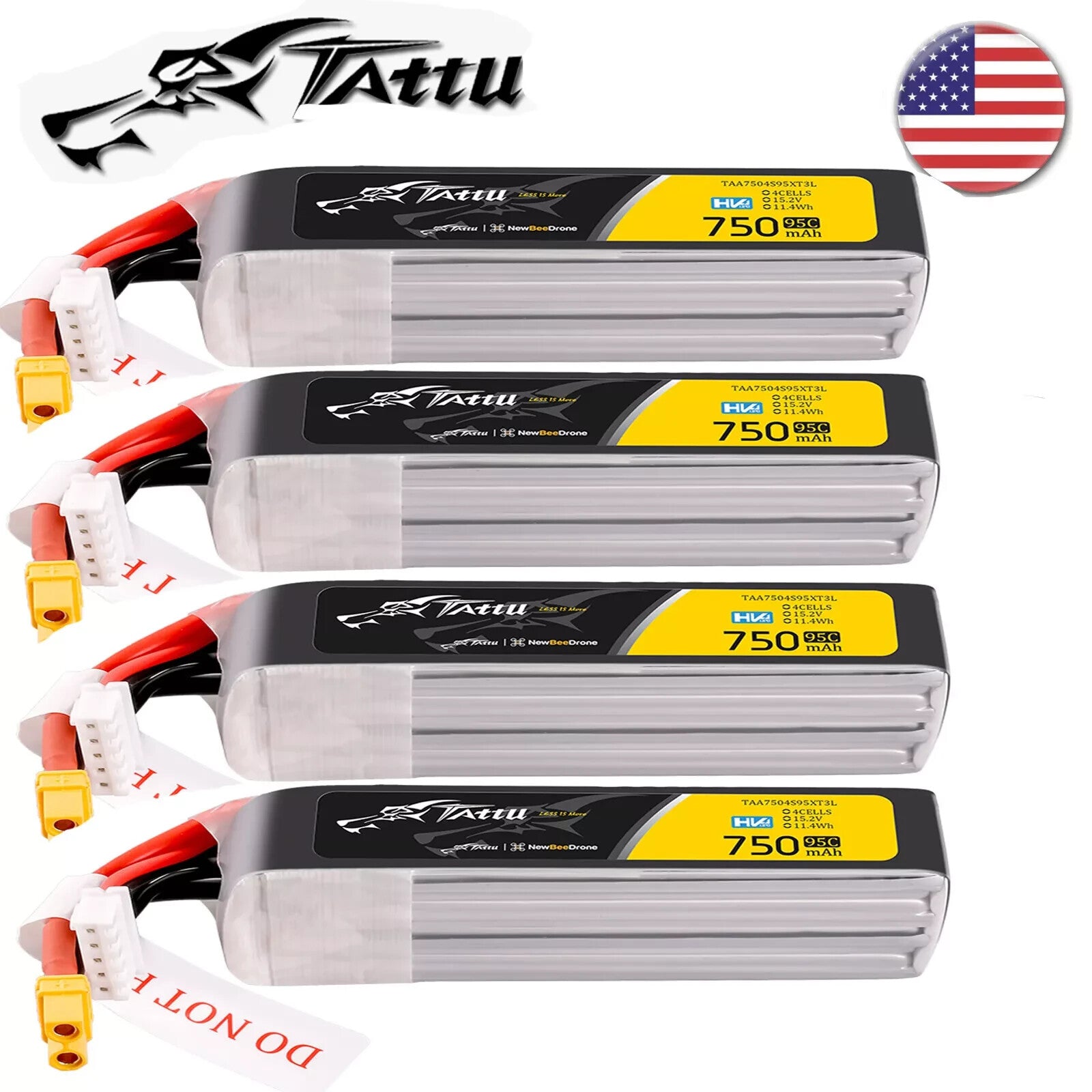 4x Tattu 750mAh 4S 95C 15.2V R-Line HV Lipo RC Drone Battery Pack with XT30 Plug