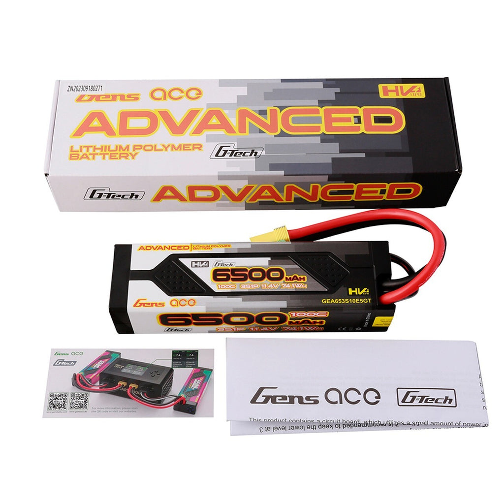 Gens Ace Advanced 6500mAh 11.4V 100C 3S HardCase Lipo Gtec Battery Pack EC5