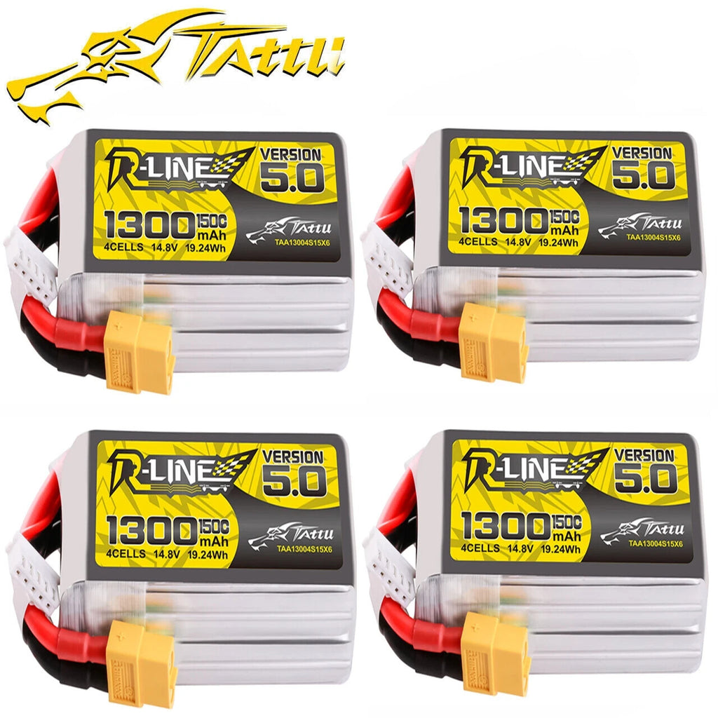4x Tattu R-Line Version 5.0 1300mAh 4S 14.8V 150C Lipo Battery Pack w/ XT60 Plug
