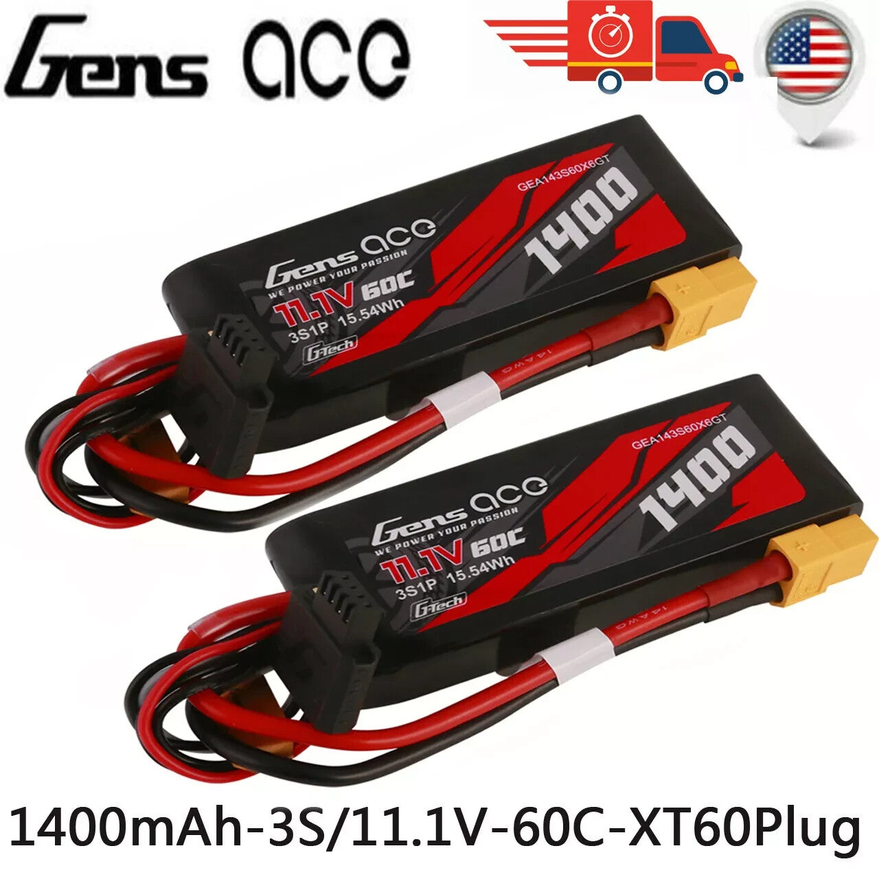 2x Gens Ace 1400mAh 11.1V 60C 3S G-Tech Lipo Battery XT60 For 1/16 Traxxas Cars