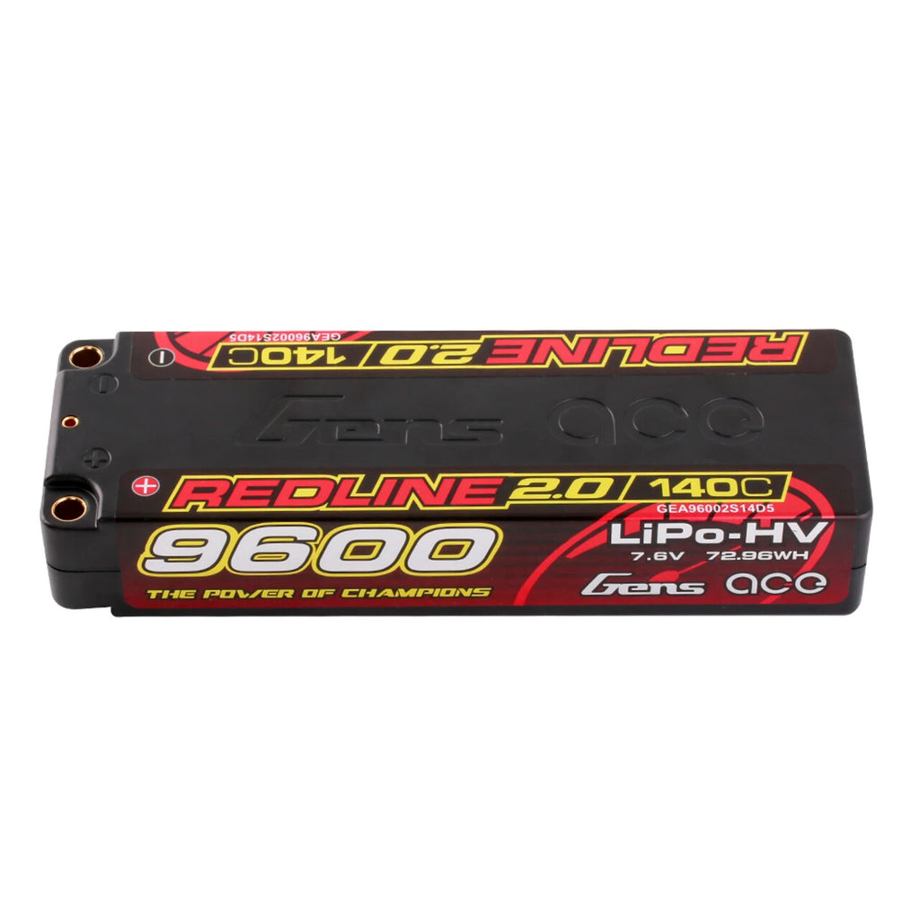 Gens Ace 9600mAh 2S 7.6V 140C HardCase Redline 2.0 Lipo Battery 5mm Bullet