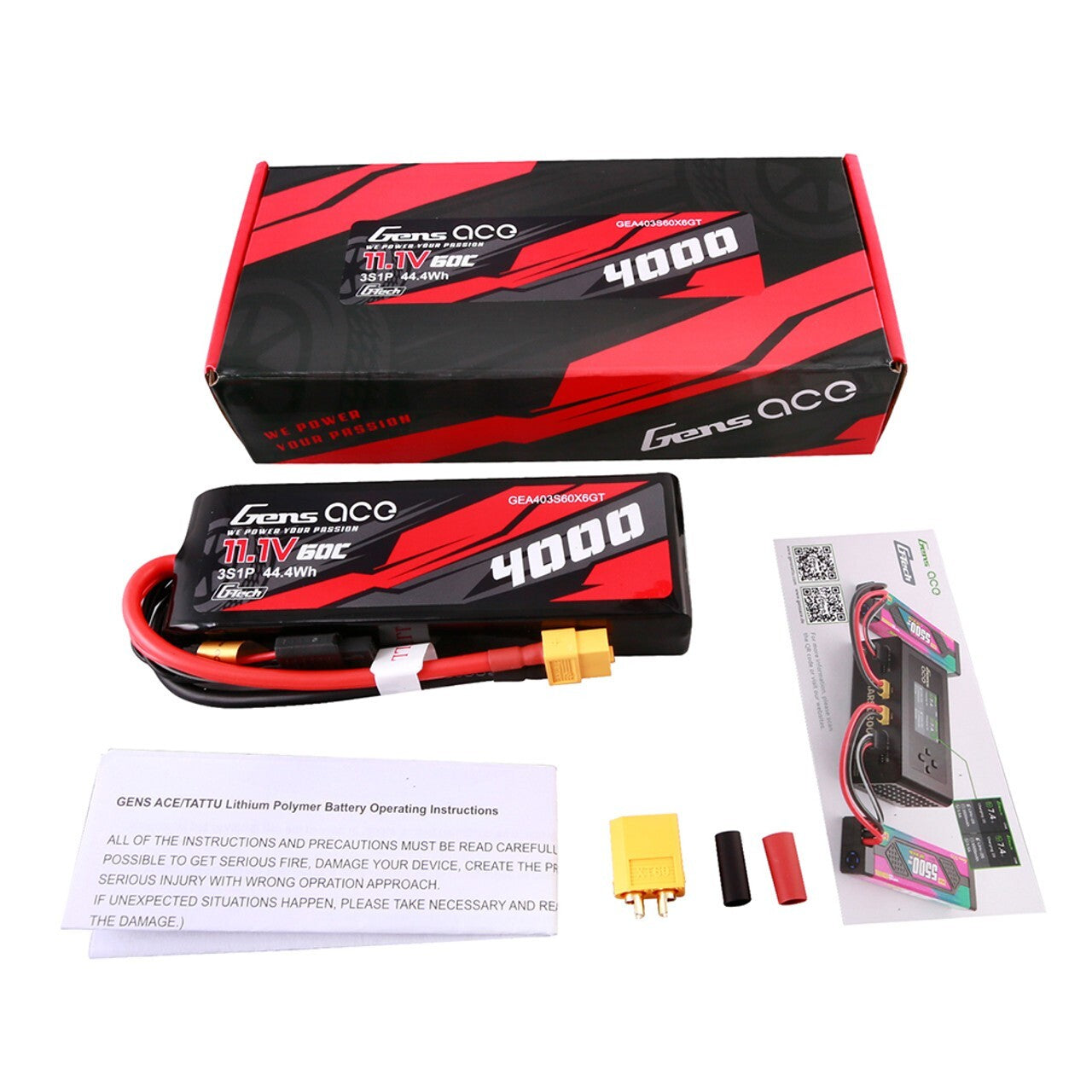 2x Gens Ace 4000mAh 3S 60C 11.1V GTech Lipo RC Car Battery Pack with XT60 Plug