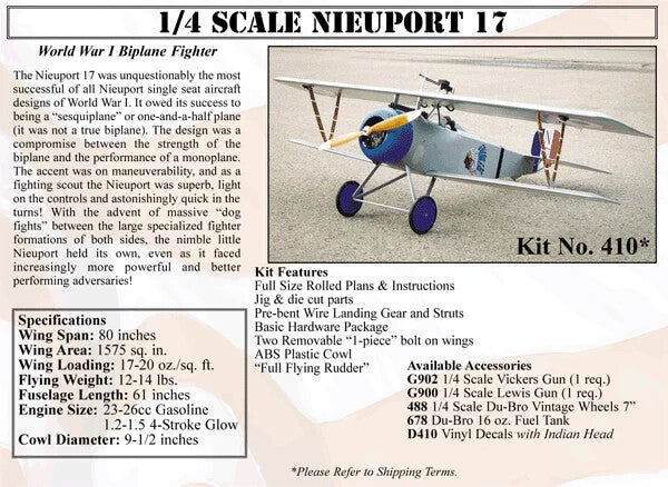 Balsa USA 1/4 Scale Nieuport 17 Remote Control Balsa Wood Airplane Kit #410