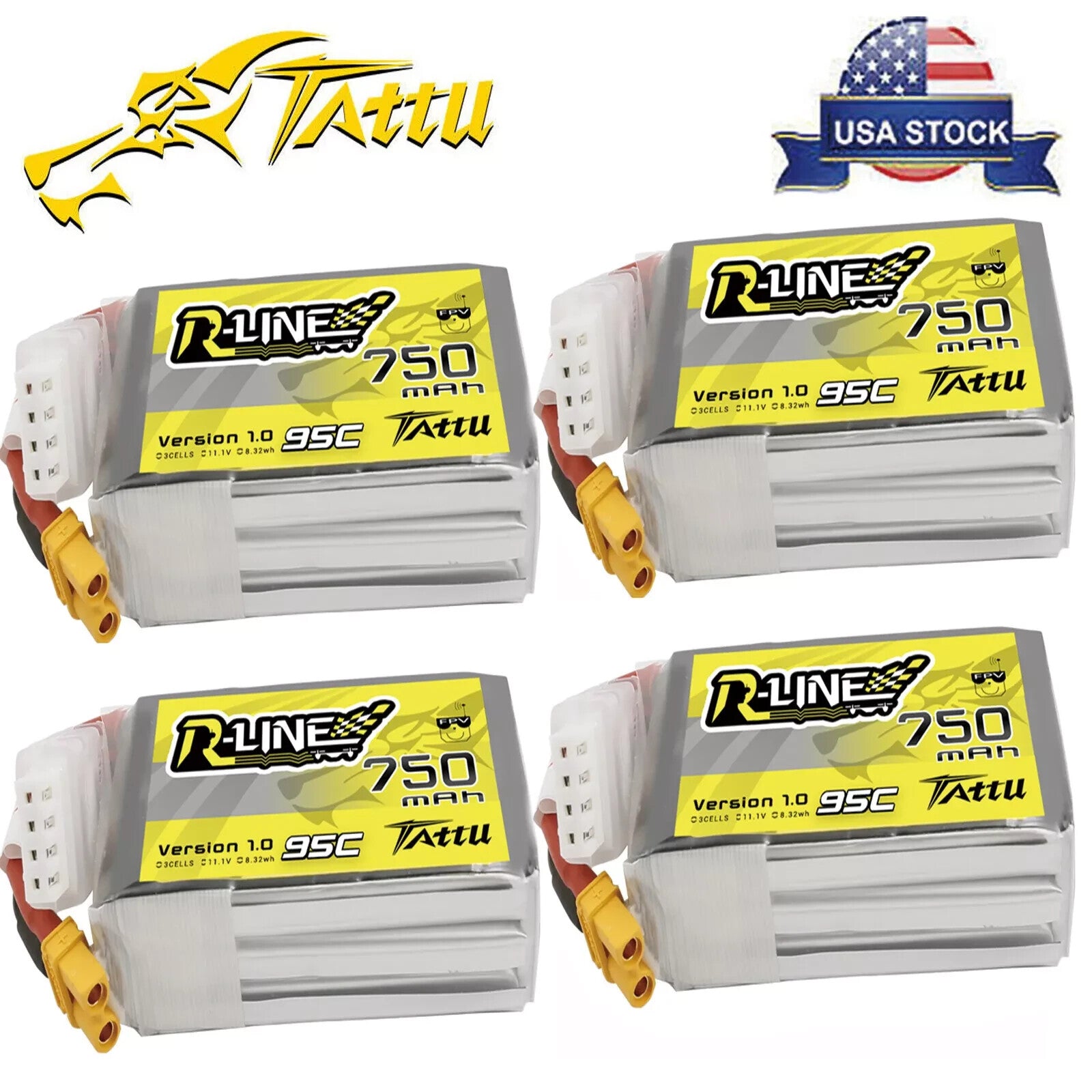 4x Tattu R-Line 11.1v 3s 750mah 95c Racing Quad Drone Lipo Battery XT30