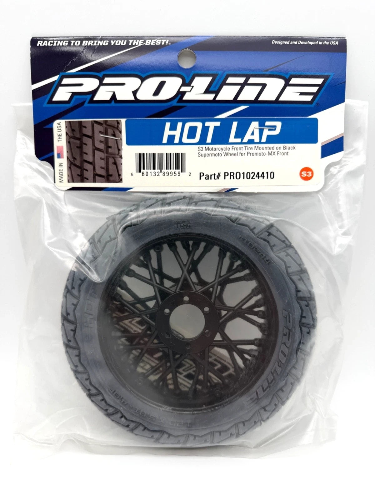 ProLine PRO1024410 Hot Lap S3 Motorcycle Front Tire Mounted on Black Supermoto