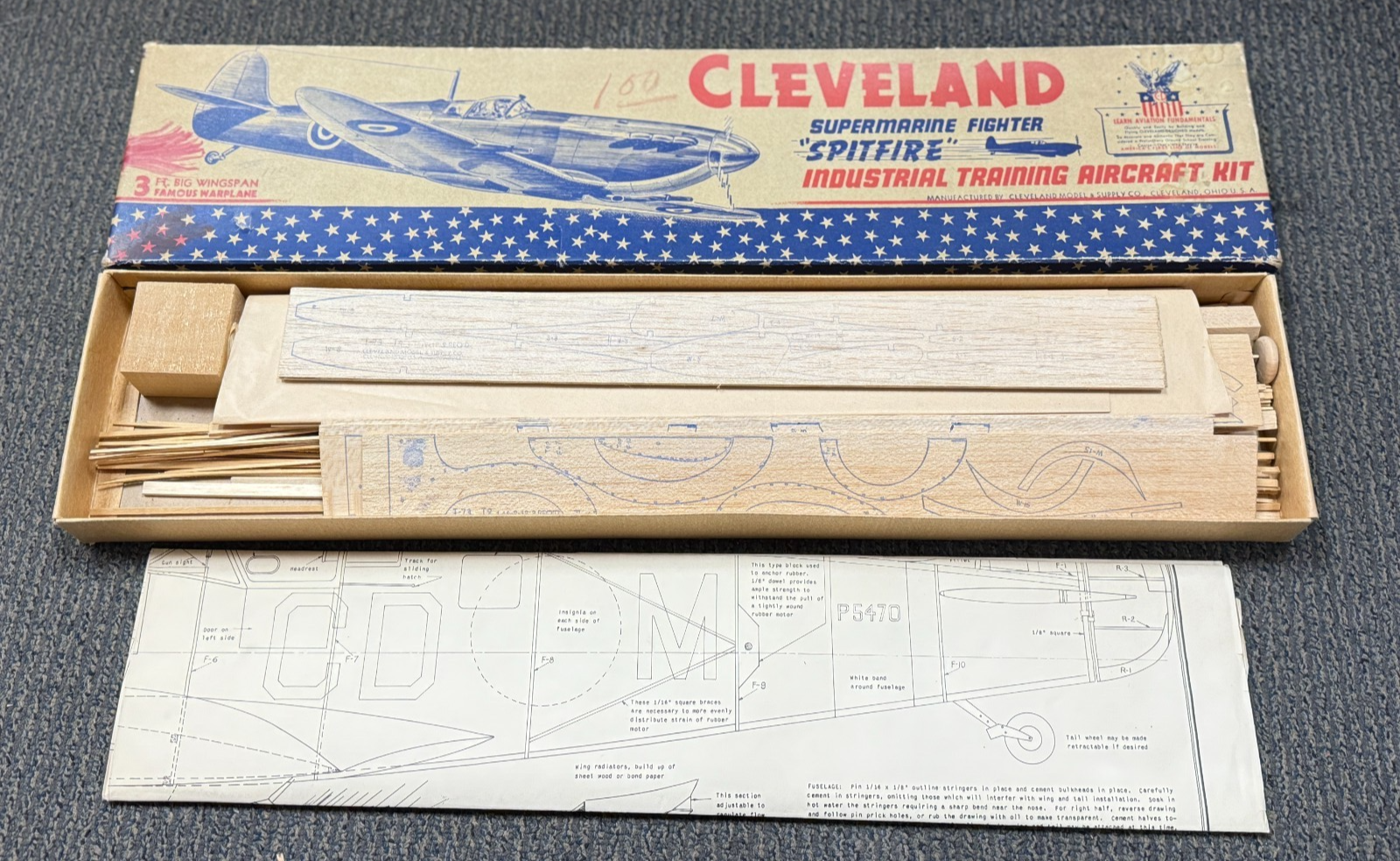 New in Box Vintage Cleveland Spitfire Supermarine Balsa Wood Model Airplane Kit
