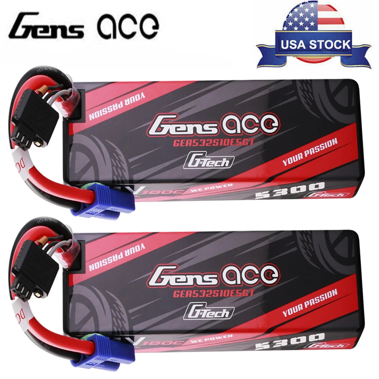 2x Gens Ace 5300mAh 2S 100C 7.4V HardCase G-Tech GTec Lipo Battery w/ EC5 Plug
