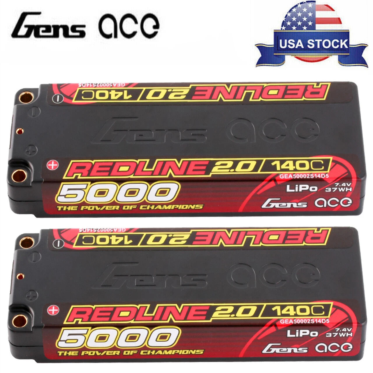 2x Gens Ace Redline 2.0 2S LiHV Battery 140C 7.6V / 5000mAh w/5mm Bullets