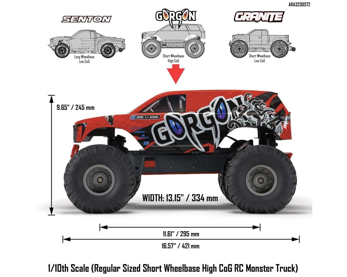 Arrma Gorgon 4X2 MEGA 550 Brushed 1/10 Monster Truck RTR (Red) w/SLT2 2.4GHz